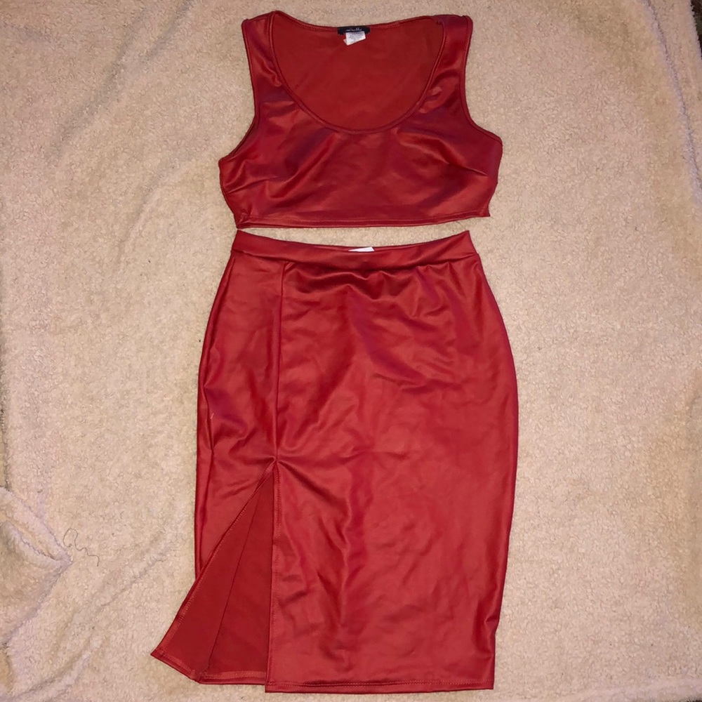 Red 2 piece cropped top and skirt